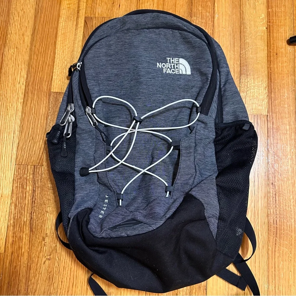 The North Face Jester Backpack  Everyday Travel Pack Black Gray Silver Hardware